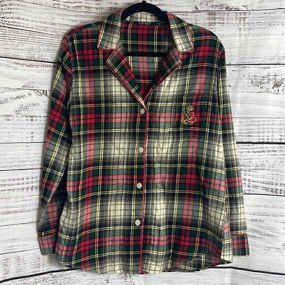 Lauren Ralph Lauren sleep shirt womens Sz Medium embroidered plaid funnel crest - Picture 1 of 10